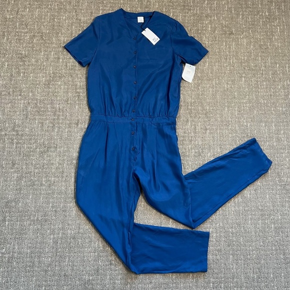 NWT Iris & Ink Silk Jumpsuit Blue Short Sleeve Button Front Coveralls Size 14 - Picture 1 of 9